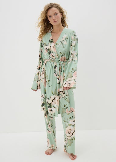 Sage Green Soft Touch Floral Dressing Gown