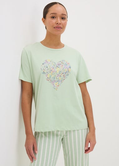 Sage Green Floral Heart Pyjama T-Shirt