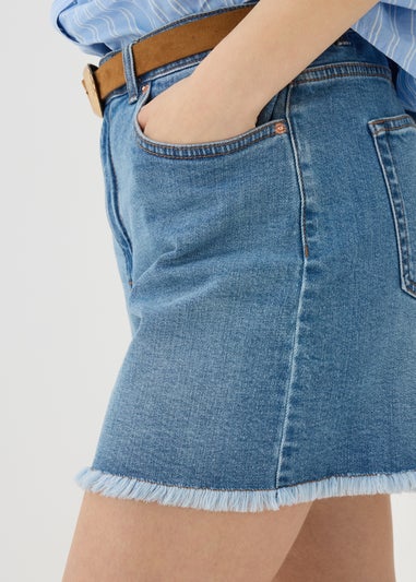 Blue Light Wash Frayed Hem Denim Shorts