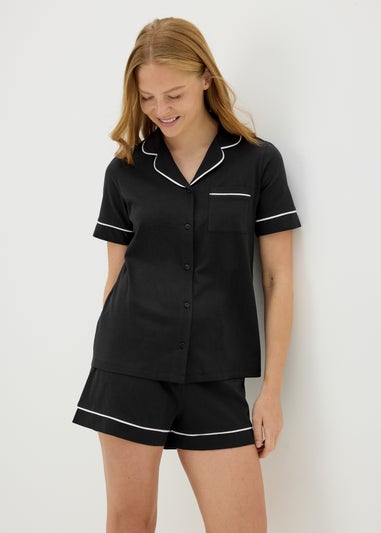 Black Button Up Shorts Pyjama Set