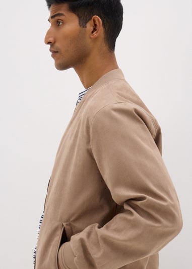 Beige Faux Suede Bomber Jacket