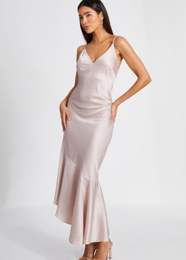 Quiz Rose Gold Satin Asymmetric Midaxi Dress