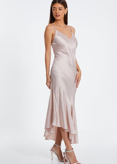 Quiz Rose Gold Satin Asymmetric Midaxi Dress