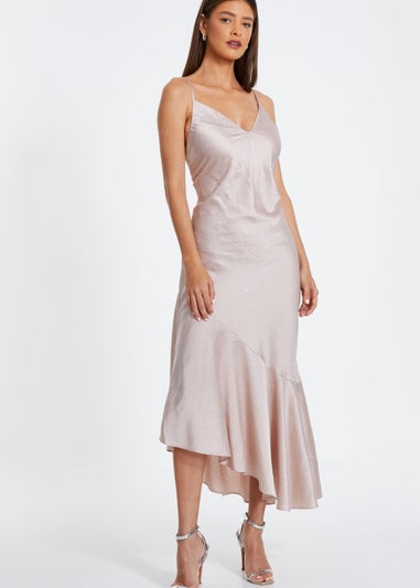 Quiz Rose Gold Satin Asymmetric Midaxi Dress