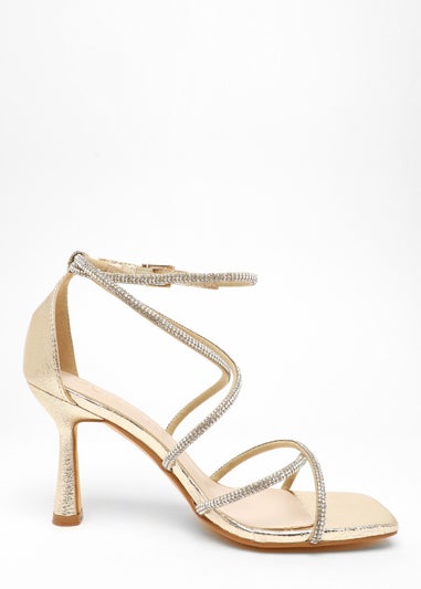 Quiz Gold Wide Fit Diamante Strappy Heeled Sandals