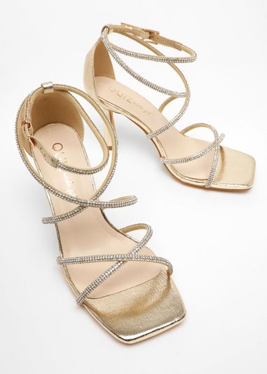 Quiz Gold Wide Fit Diamante Strappy Heeled Sandals