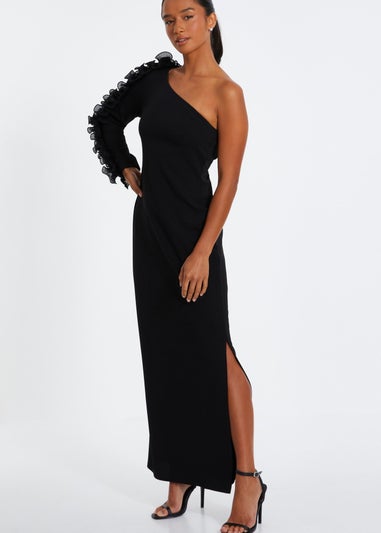 Quiz Black Petite Frill One Shoulder Maxi Dress