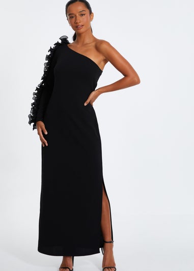 Quiz Black Petite Frill One Shoulder Maxi Dress