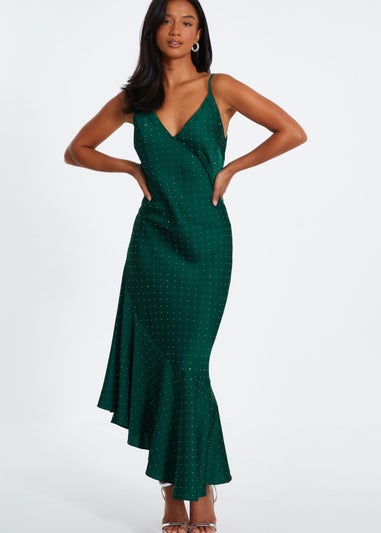 Quiz Green Petite Satin Asymmetric Midaxi Dress