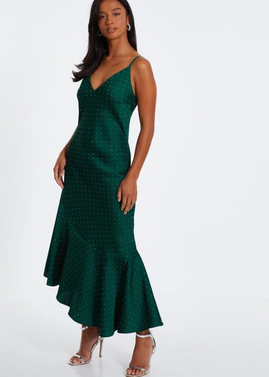 Quiz Green Petite Satin Asymmetric Midaxi Dress