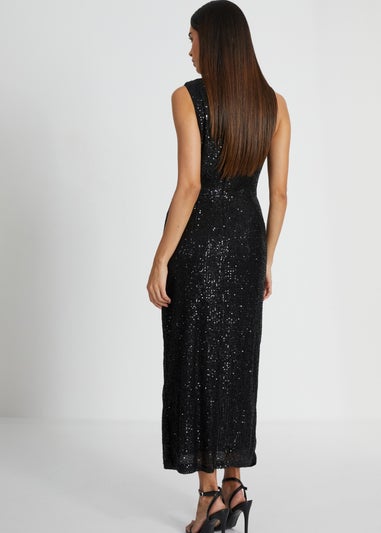 Quiz Black Sequin Ruched Side Midaxi Dress