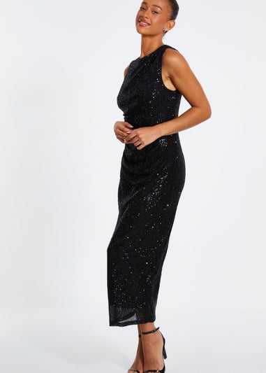 Quiz Black Sequin Ruched Side Midaxi Dress