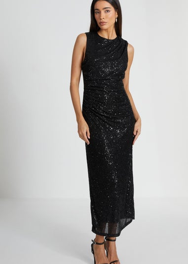 Quiz Black Sequin Ruched Side Midaxi Dress