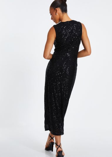 Quiz Black Sequin Ruched Side Midaxi Dress