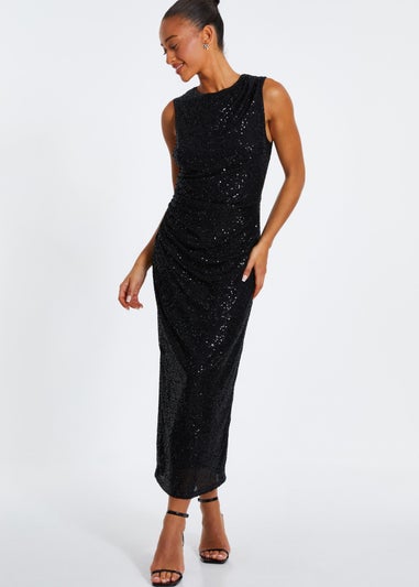 Quiz Black Sequin Ruched Side Midaxi Dress