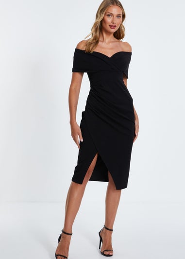 Quiz Black Bardot Ruched Wrap Midi Dress