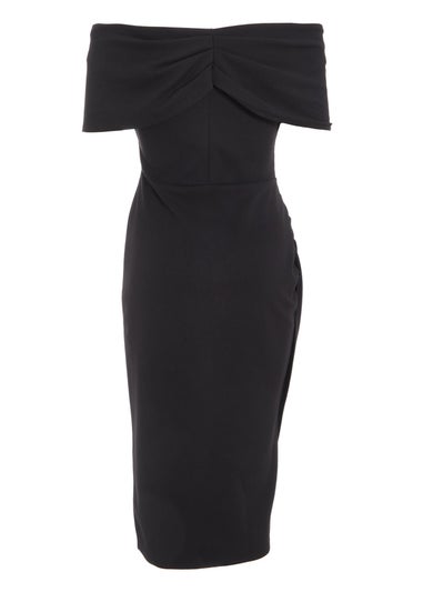 Quiz Black Bardot Ruched Wrap Midi Dress