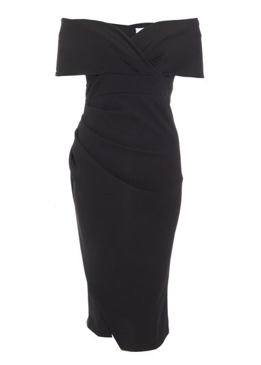 Quiz Black Bardot Ruched Wrap Midi Dress