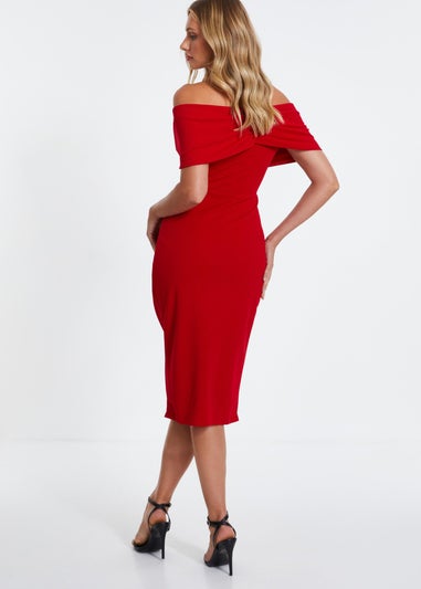 Quiz Red Bardot Ruched Wrap Midi Dress