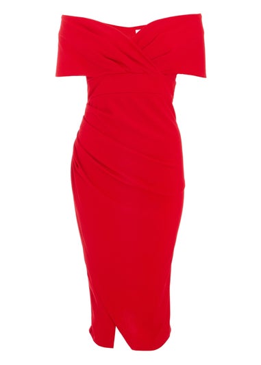 Quiz Red Bardot Ruched Wrap Midi Dress