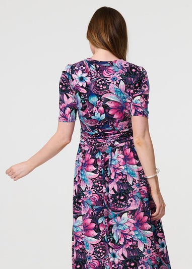 Izabel London Pink Floral Ruched Front Maxi Dress