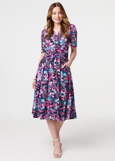 Izabel London Pink Floral Ruched Front Maxi Dress