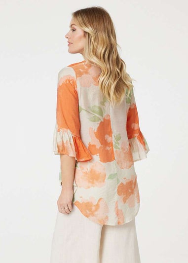 Izabel London Orange Floral Flute Sleeve High Low Blouse