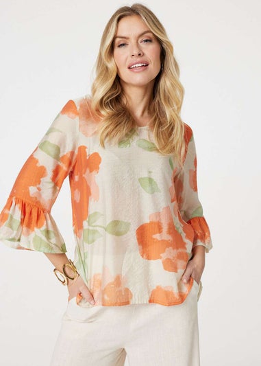 Izabel London Orange Floral Flute Sleeve High Low Blouse