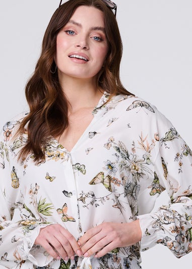 Izabel London Beige Butterfly Print Long Sleeve Shirt