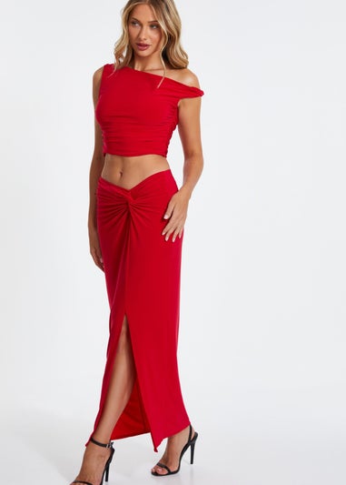 Quiz Red Ruched Split Maxi Skirt