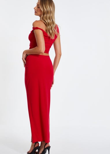 Quiz Red Ruched Split Maxi Skirt