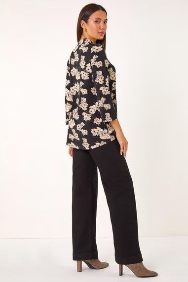 Roman Black Floral V-Neck Pleat Front Stretch Top