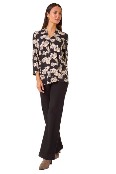 Roman Black Floral V-Neck Pleat Front Stretch Top