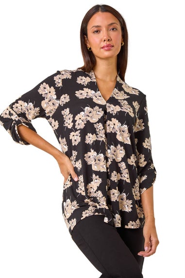 Roman Black Floral V-Neck Pleat Front Stretch Top