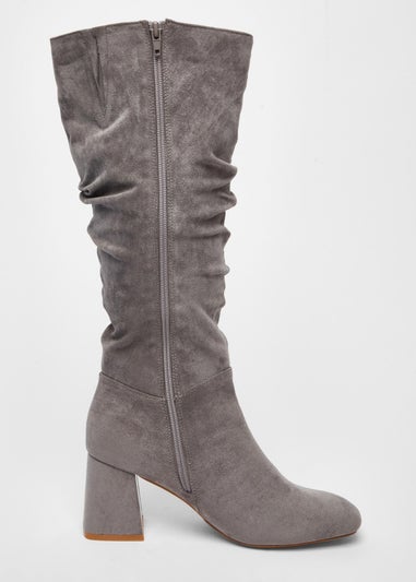 Quiz Grey Faux Suede Ruched Heeled Boots