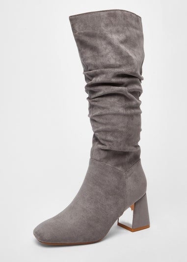 Quiz Grey Faux Suede Ruched Heeled Boots