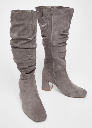 Quiz Grey Faux Suede Ruched Heeled Boots