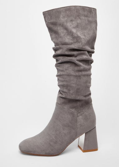 Quiz Grey Faux Suede Ruched Heeled Boots