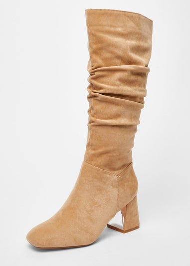 Quiz Taupe Faux Suede Ruched Heeled Boots