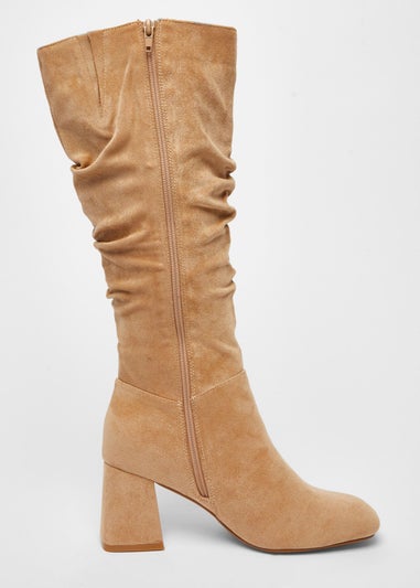 Quiz Taupe Faux Suede Ruched Heeled Boots