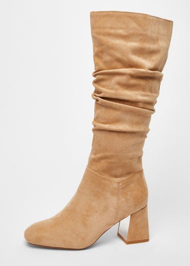 Quiz Taupe Faux Suede Ruched Heeled Boots