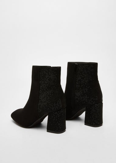 Quiz Black Faux Suede Diamante Heeled Boots