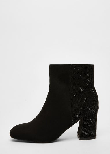 Quiz Black Faux Suede Diamante Heeled Boots