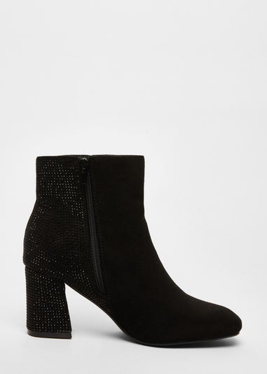 Quiz Black Faux Suede Diamante Heeled Boots