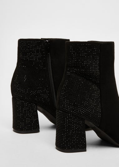 Quiz Black Faux Suede Diamante Heeled Boots