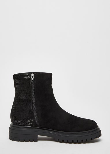 Quiz Black Diamante Faux Suede Ankle Boots