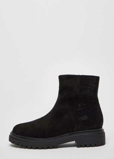 Quiz Black Diamante Faux Suede Ankle Boots