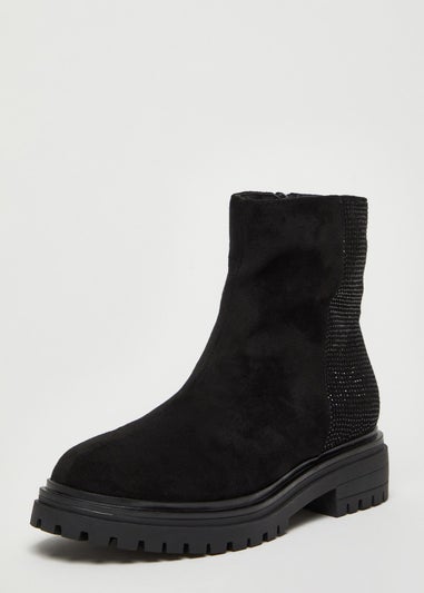 Quiz Black Diamante Faux Suede Ankle Boots