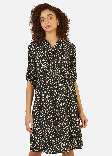 Mela Black Dash Print Skater Dress With Buckle