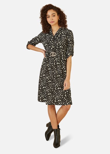 Mela Black Dash Print Skater Dress With Buckle